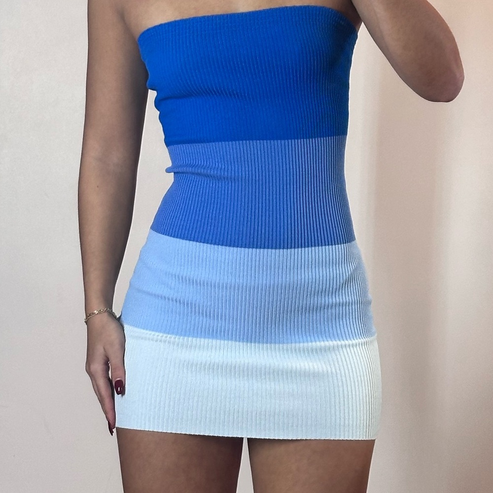 SHEIN Blue Ombre Strapless Ribbed Mini Dress